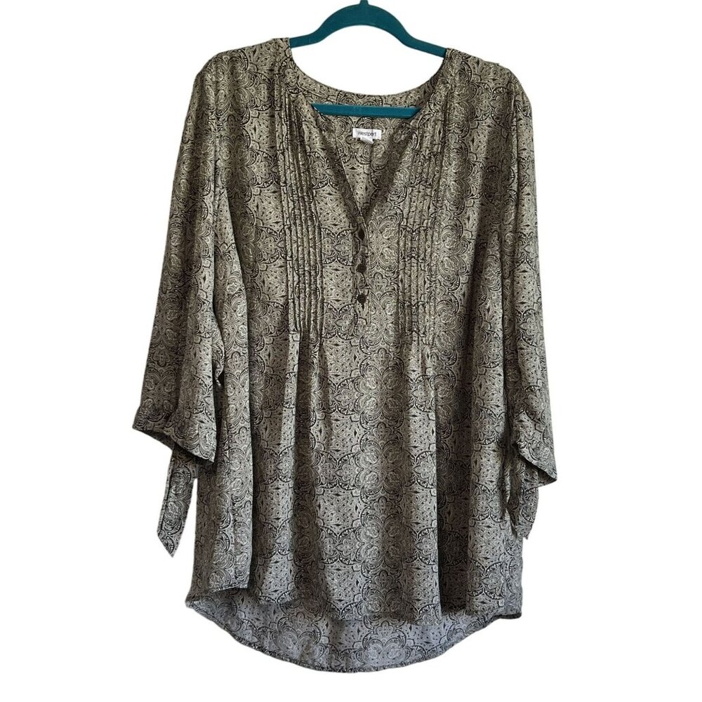 Westport Womens 2X Paisley Tunic Blouse 3/4 Sleeve V-Neck Careerwear lightwieght